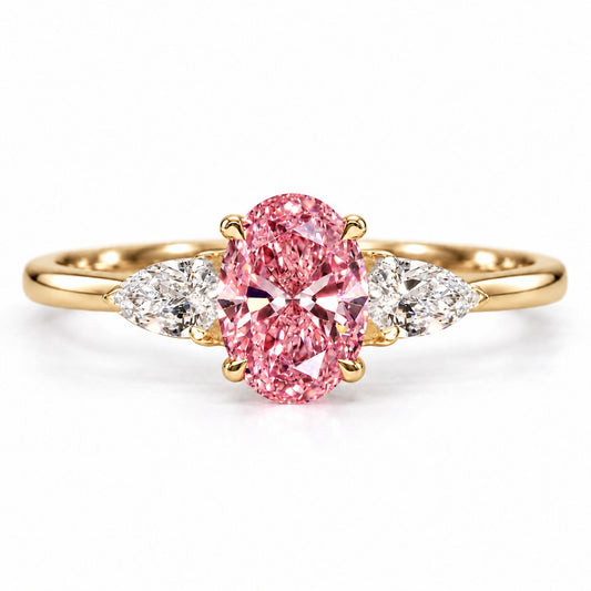 Pink Oval Cut Lab Grown Diamond Engagement Ring - Pear Side Stones in yellow gold, front view