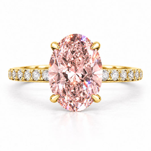 Pink Oval Cut Lab Grown Diamond Engagement Ring - Thin Pave Band in yellow gold, front view
