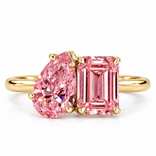 Pink Pear and Emerald Cut Lab Grown Diamond Engagement Ring - Toi et Moi in yellow gold, front view
