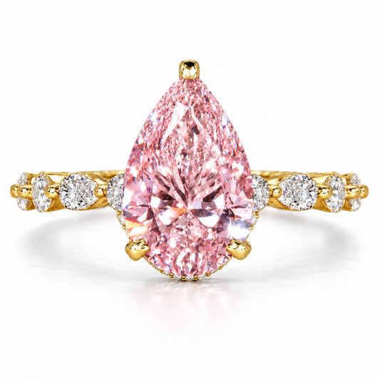 Pink Pear Cut Lab Grown Diamond Engagement Ring - Navette Band in yellow gold, front view