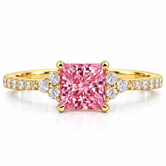 Pink Princess Cut Lab Grown Diamond Engagement Ring - Cluster Pave Band in yellow gold, front view