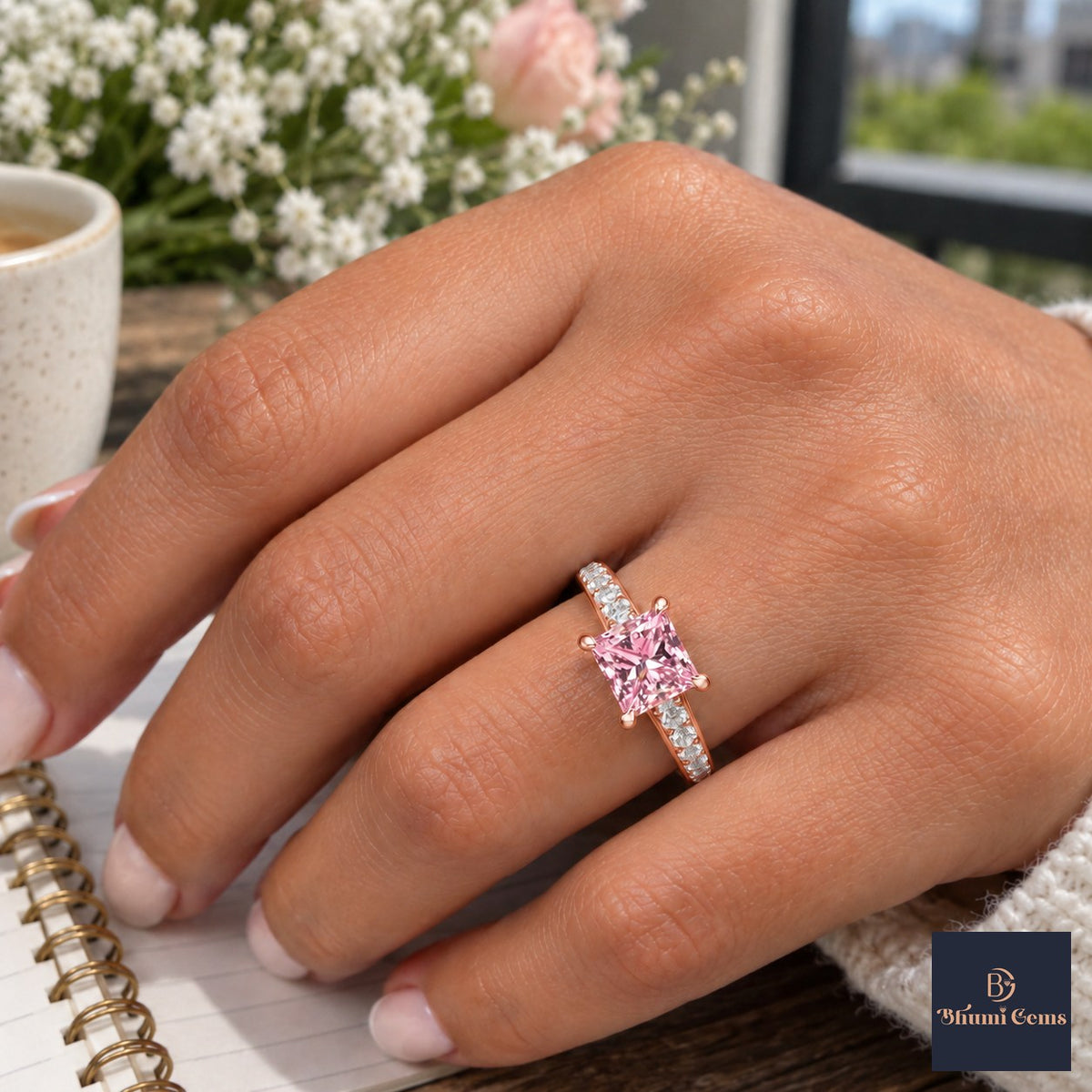 Pink Princess Cut Lab Grown Diamond Engagement Ring - Pave Band in rose gold, worn on the hand