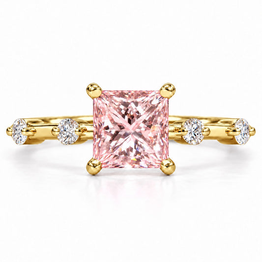 Pink Princess Cut Lab Grown Diamond Engagement Ring - Station Band in yellow gold, front view