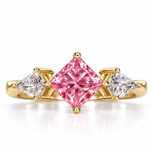 Pink Princess Cut Lab Grown Diamond Engagement Ring - Trillion Three Stone in yellow gold, front view