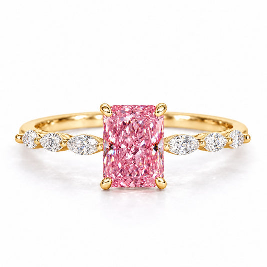Pink Radiant Cut Lab Grown Diamond Engagement Ring - Navette Band in yellow gold, front view