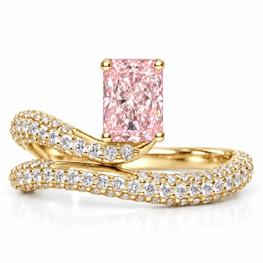 Pink Radiant Cut Lab Grown Diamond Engagement Ring - Pave Wrap Bypass in yellow gold, front view