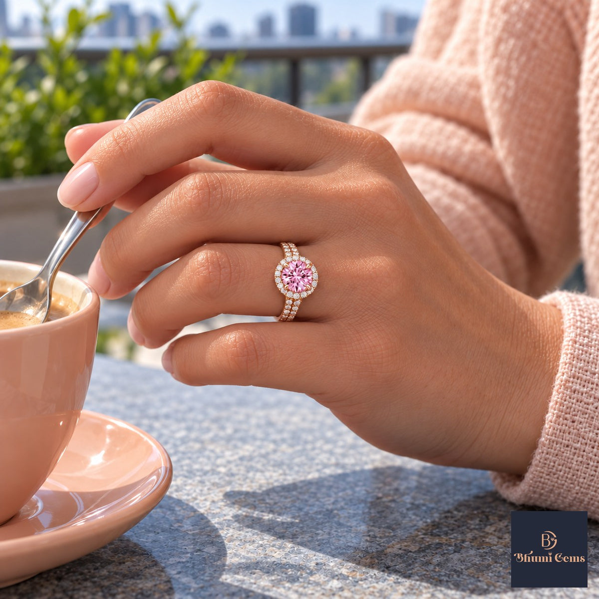 Pink Round Cut Lab Grown Diamond Engagement Ring - Halo Pave in rose gold, worn on the hand