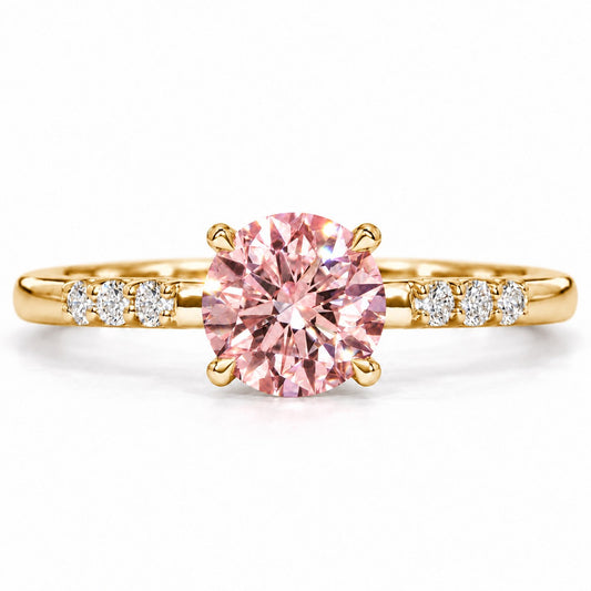 Pink Round Cut Lab Grown Diamond Engagement Ring - Pave Shoulders in yellow gold, front view
