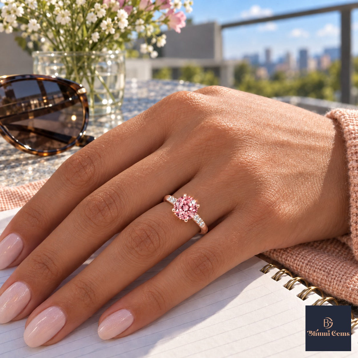 Pink Round Cut Lab Grown Diamond Engagement Ring - Pave Shoulders in rose gold, worn on the hand