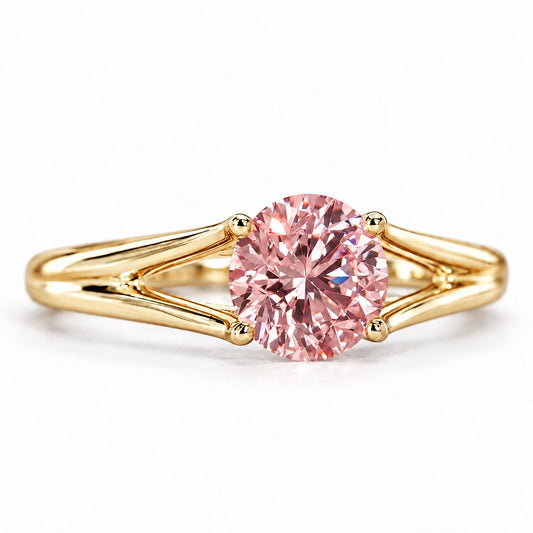 Pink Round Cut Lab Grown Diamond Engagement Ring - Split Shank in yellow gold, front view