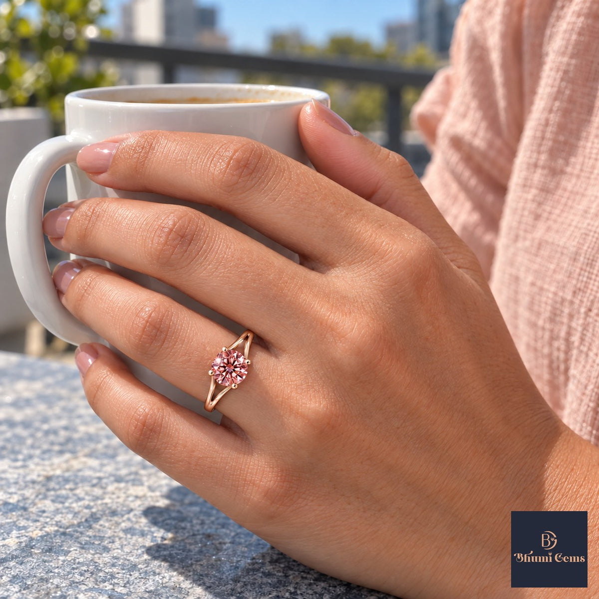 Pink Round Cut Lab Grown Diamond Engagement Ring - Split Shank in rose gold, worn on the hand
