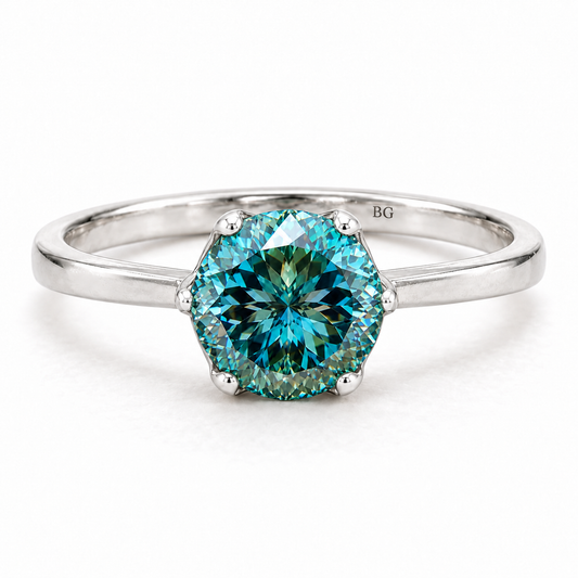 2 CT Portuguese Cut Blue-Green Moissanite Engagement Rings - White gold - front view