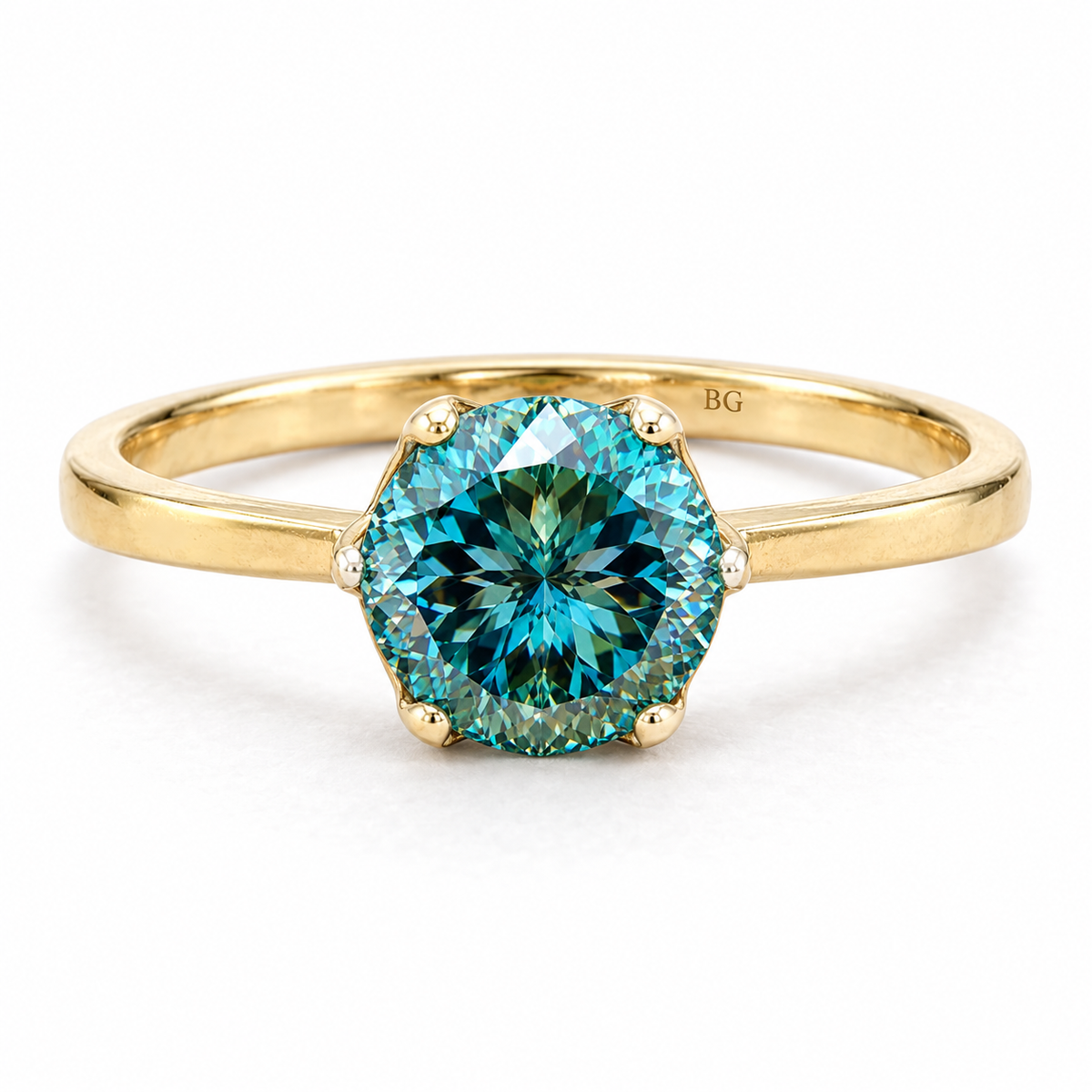 2 CT Portuguese Cut Blue-Green Moissanite Engagement Rings - Yellow gold - front view