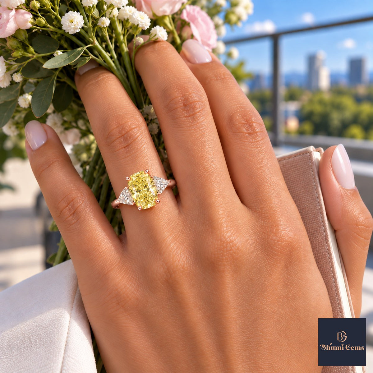 Yellow Elongated Cushion Cut Lab Grown Diamond Engagement Ring - Trillion Three Stone in rose gold, worn on the hand