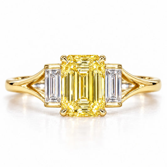Yellow Emerald Cut Lab Grown Diamond Engagement Ring - Trapezoid Three Stone in yellow gold, front view