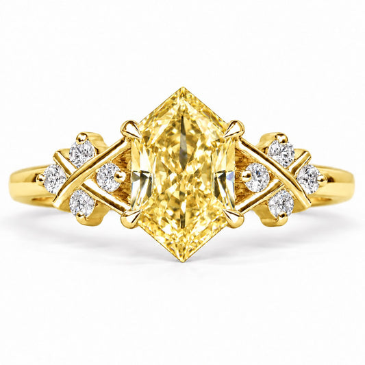 Yellow Hexagon Cut Lab Grown Diamond Engagement Ring - Cluster Shoulders in yellow gold, front view