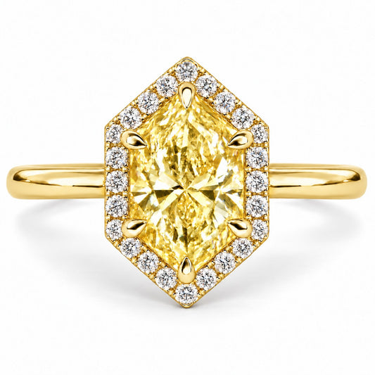 Yellow Hexagon Cut Lab Grown Diamond Engagement Ring - Halo in yellow gold, front view