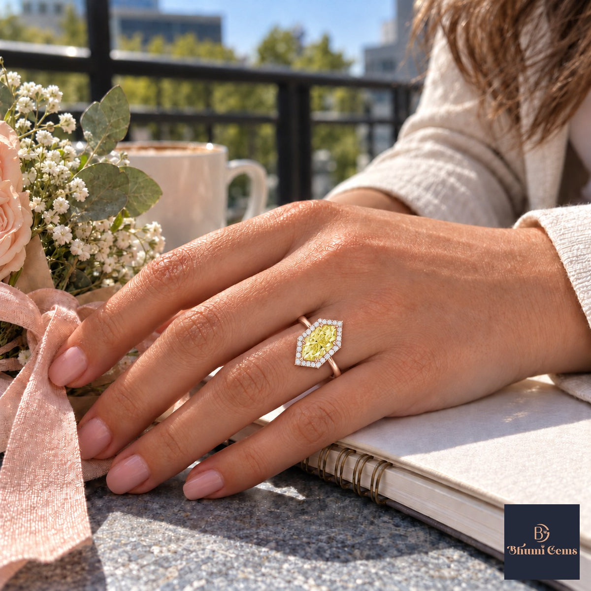 Yellow Hexagon Cut Lab Grown Diamond Engagement Ring - Halo in rose gold, worn on the hand