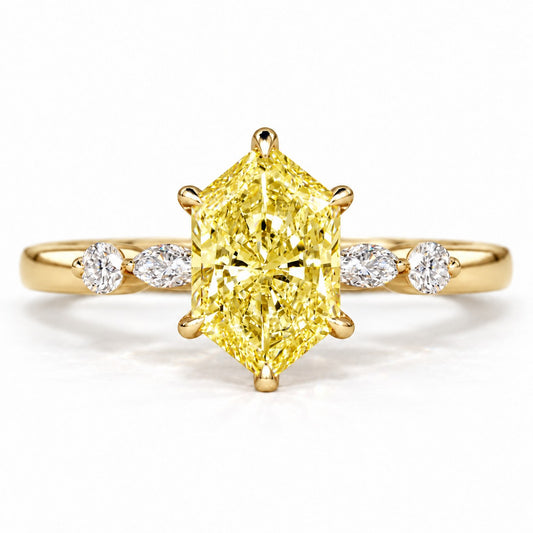 Yellow Hexagon Cut Lab Grown Diamond Engagement Ring - Marquise and Round Accents in yellow gold, front view