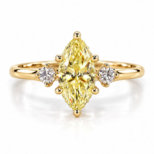 Yellow Marquise Cut Lab Grown Diamond Engagement Ring - Three Stone in yellow gold, front view
