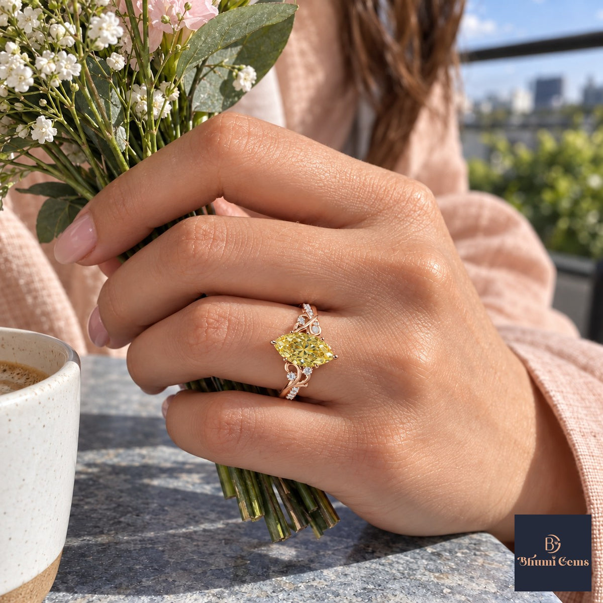 Yellow Marquise Cut Lab Grown Diamond Engagement Ring - Vintage Scroll in rose gold, worn on the hand