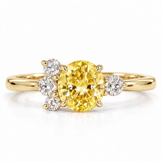 Yellow Oval Cut Lab Grown Diamond Engagement Ring - Asymmetric Cluster in yellow gold, front view