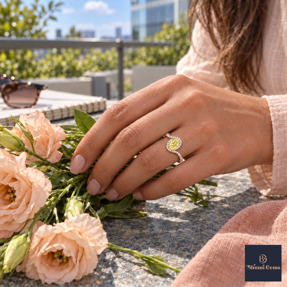 Yellow Oval Cut Lab Grown Diamond Engagement Ring - Halo Bypass in rose gold, worn on the hand