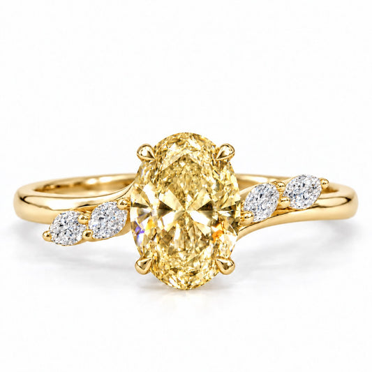 Yellow Oval Cut Lab Grown Diamond Engagement Ring - Leaf Bypass in yellow gold, front view