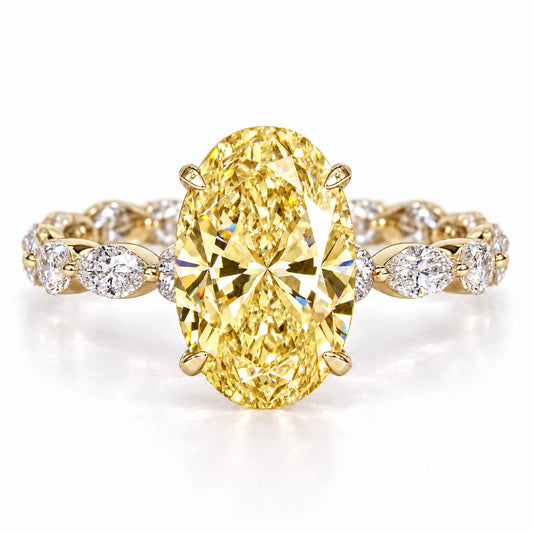 Yellow Oval Cut Lab Grown Diamond Engagement Ring - Navette Band in yellow gold, front view