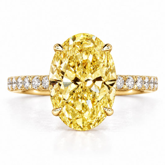 Yellow Oval Cut Lab Grown Diamond Engagement Ring - Pave Band in yellow gold, front view