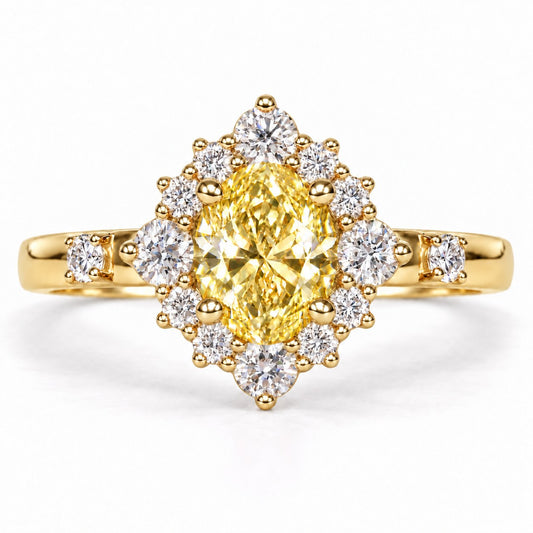 Yellow Oval Cut Lab Grown Diamond Engagement Ring - Scalloped Halo in yellow gold, front view