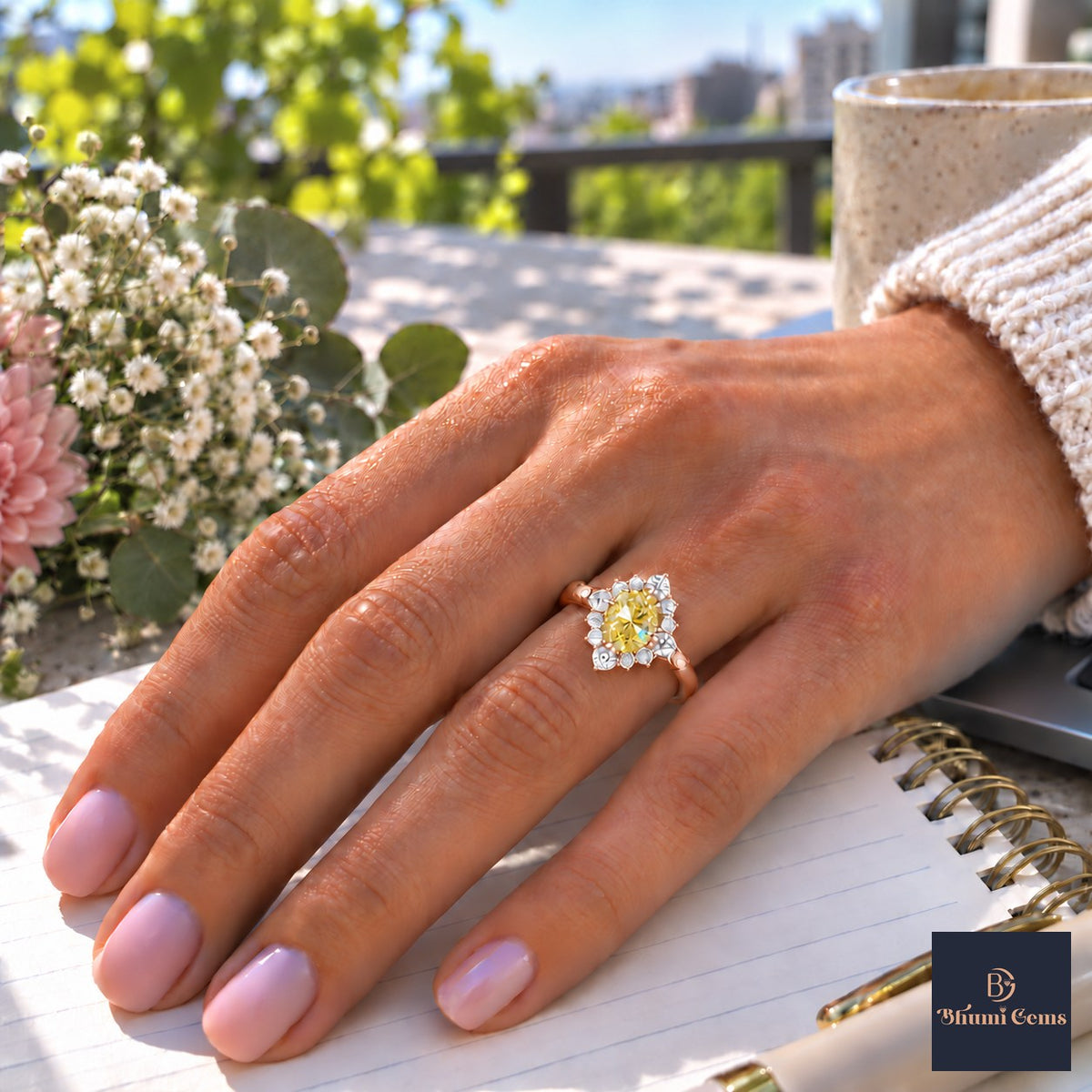 Yellow Oval Cut Lab Grown Diamond Engagement Ring - Scalloped Halo in rose gold, worn on the hand