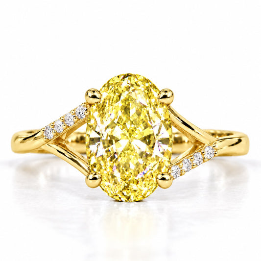 Yellow Oval Cut Lab Grown Diamond Engagement Ring - Split Pave Shoulders in yellow gold, front view