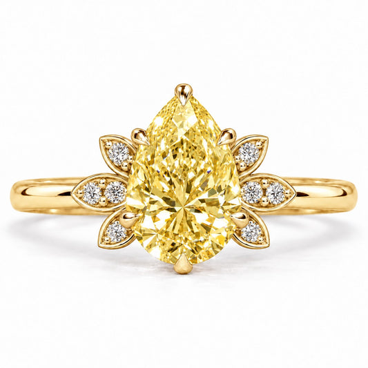 Yellow Pear Cut Lab Grown Diamond Engagement Ring - Floral Leaf Accents in yellow gold, front view