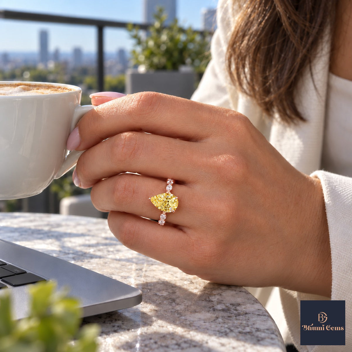 Yellow Pear Cut Lab Grown Diamond Engagement Ring - Navette Band in rose gold, worn on the hand