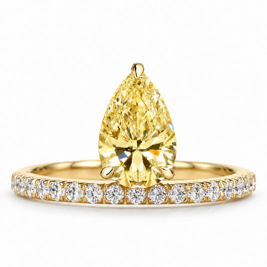 Yellow Pear Cut Lab Grown Diamond Engagement Ring - Pave Band in yellow gold, front view