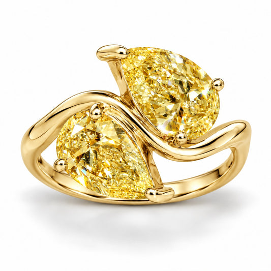Yellow Pear Cut Lab Grown Diamond Engagement Ring - Toi et Moi in yellow gold, front view
