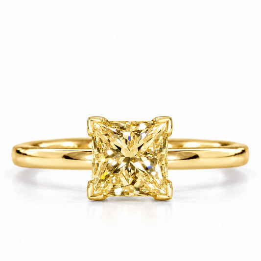 Yellow Princess Cut Lab Grown Diamond Engagement Ring - Classic Solitaire in yellow gold, front view