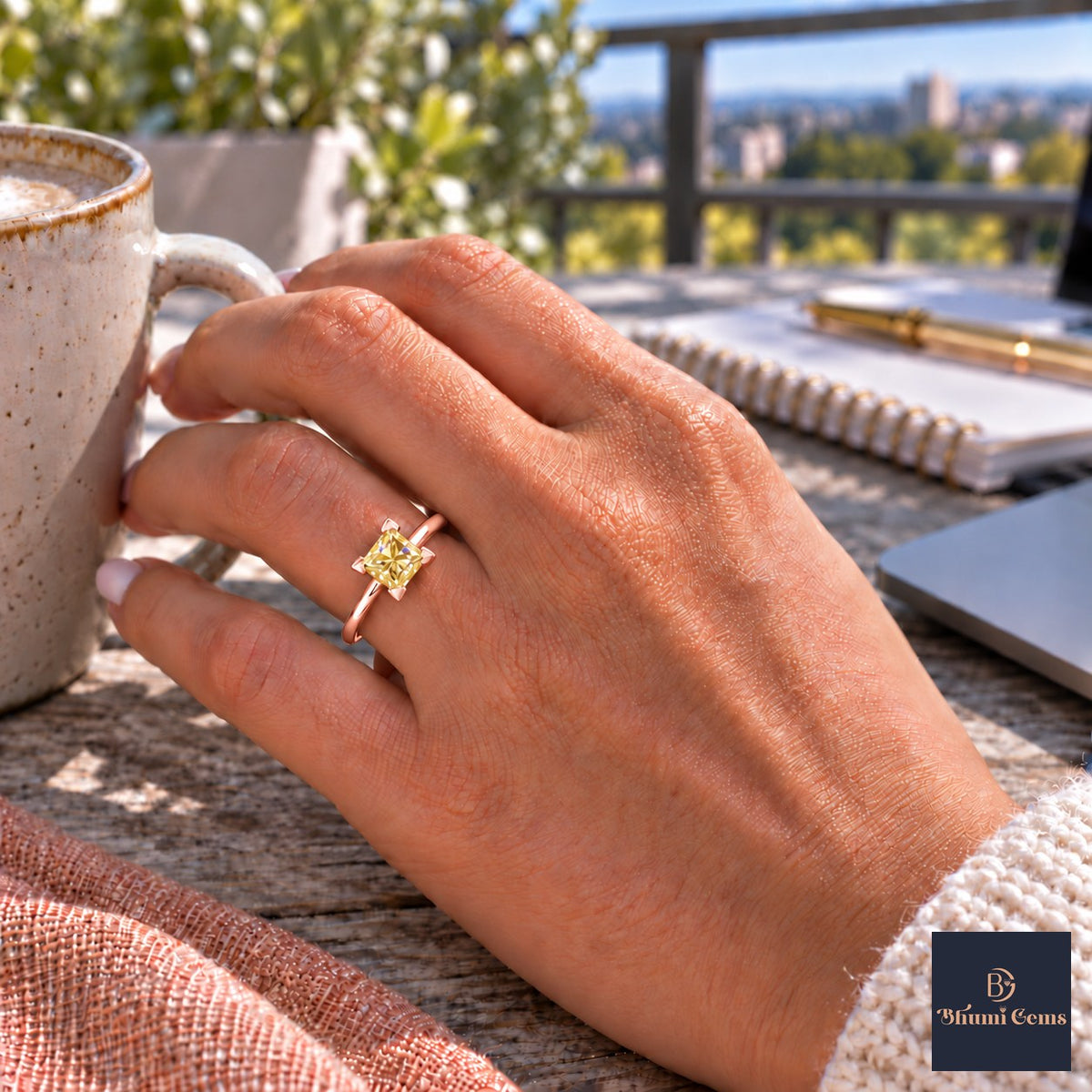 Yellow Princess Cut Lab Grown Diamond Engagement Ring - Classic Solitaire in rose gold, on the hand