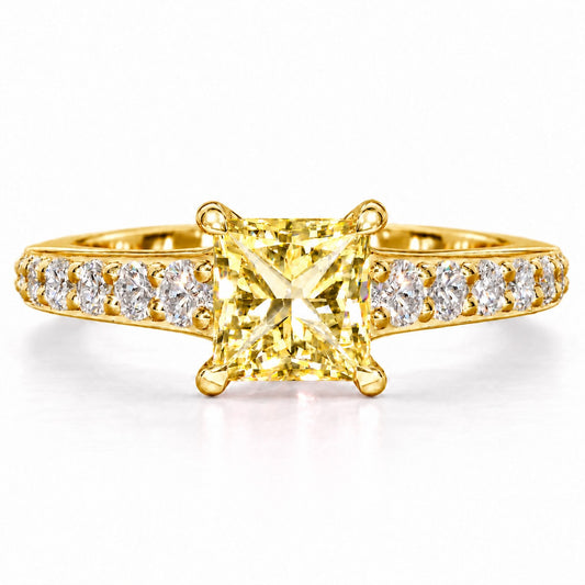 Yellow Princess Cut Lab Grown Diamond Engagement Ring - Pave Band in yellow gold, front view