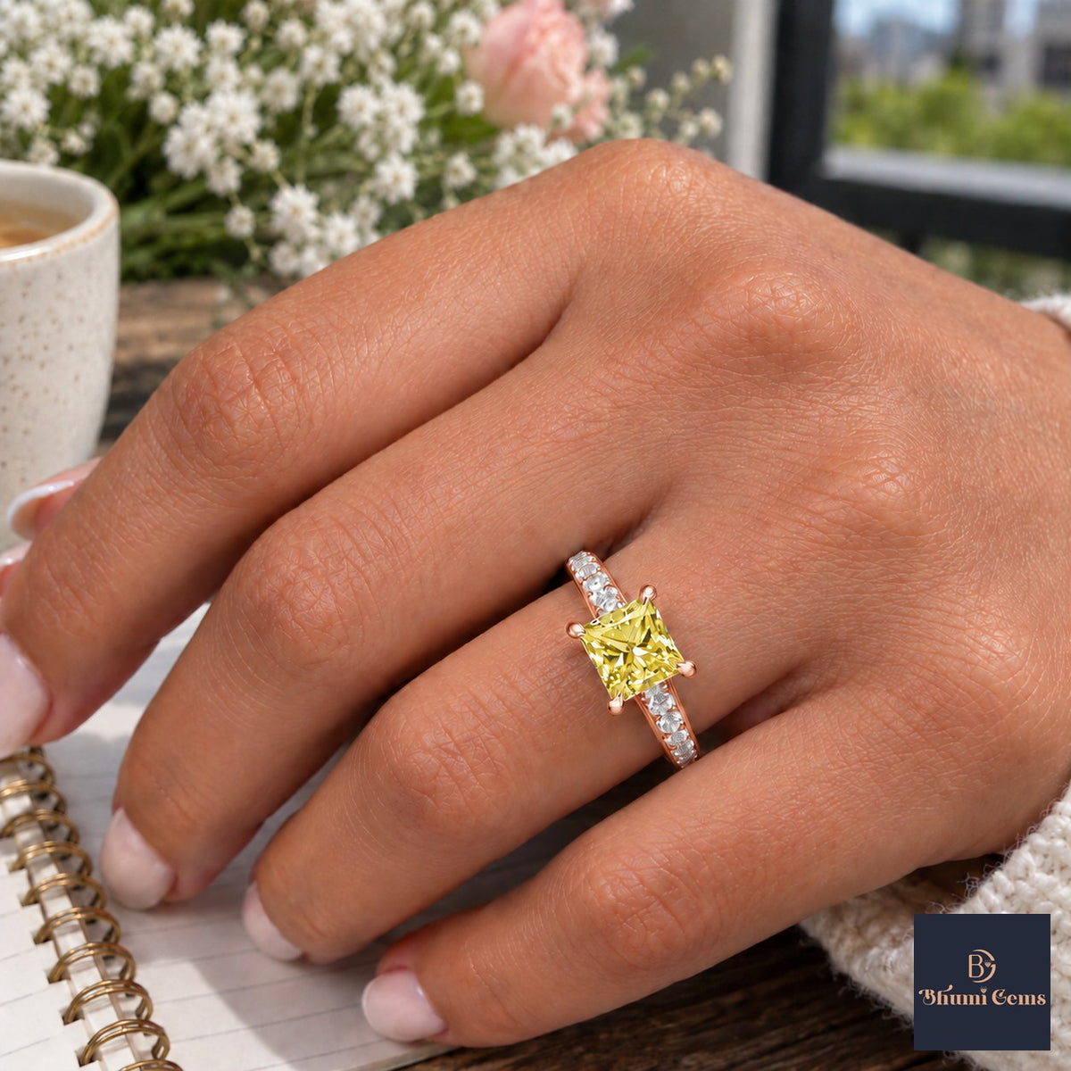 Yellow Princess Cut Lab Grown Diamond Engagement Ring - Pave Band in rose gold, worn on the hand