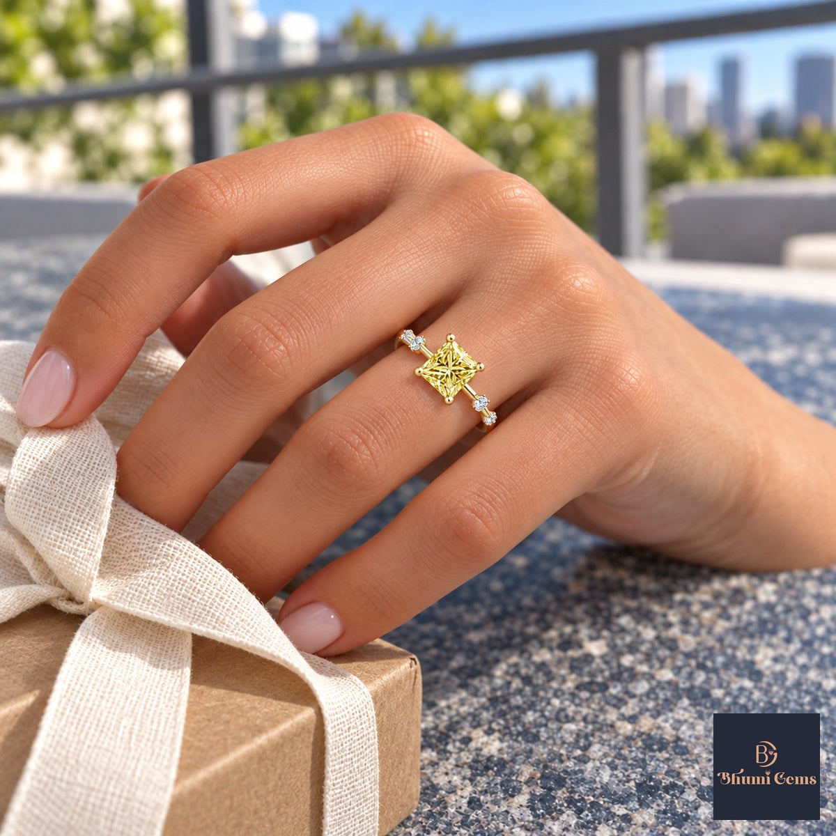 Yellow Princess Cut Lab Grown Diamond Engagement Ring - Station Band in yellow gold, worn on the hand