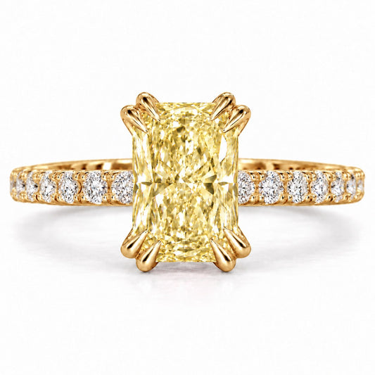 Yellow Radiant Cut Lab Grown Diamond Engagement Ring - Cathedral Pave Band in yellow gold, front view
