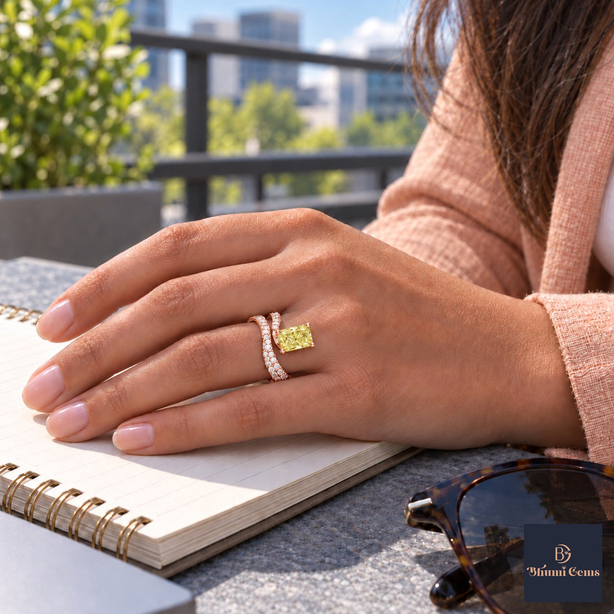 Yellow Radiant Cut Lab Grown Diamond Engagement Ring - Pave Wrap Bypass in rose gold, worn on the hand