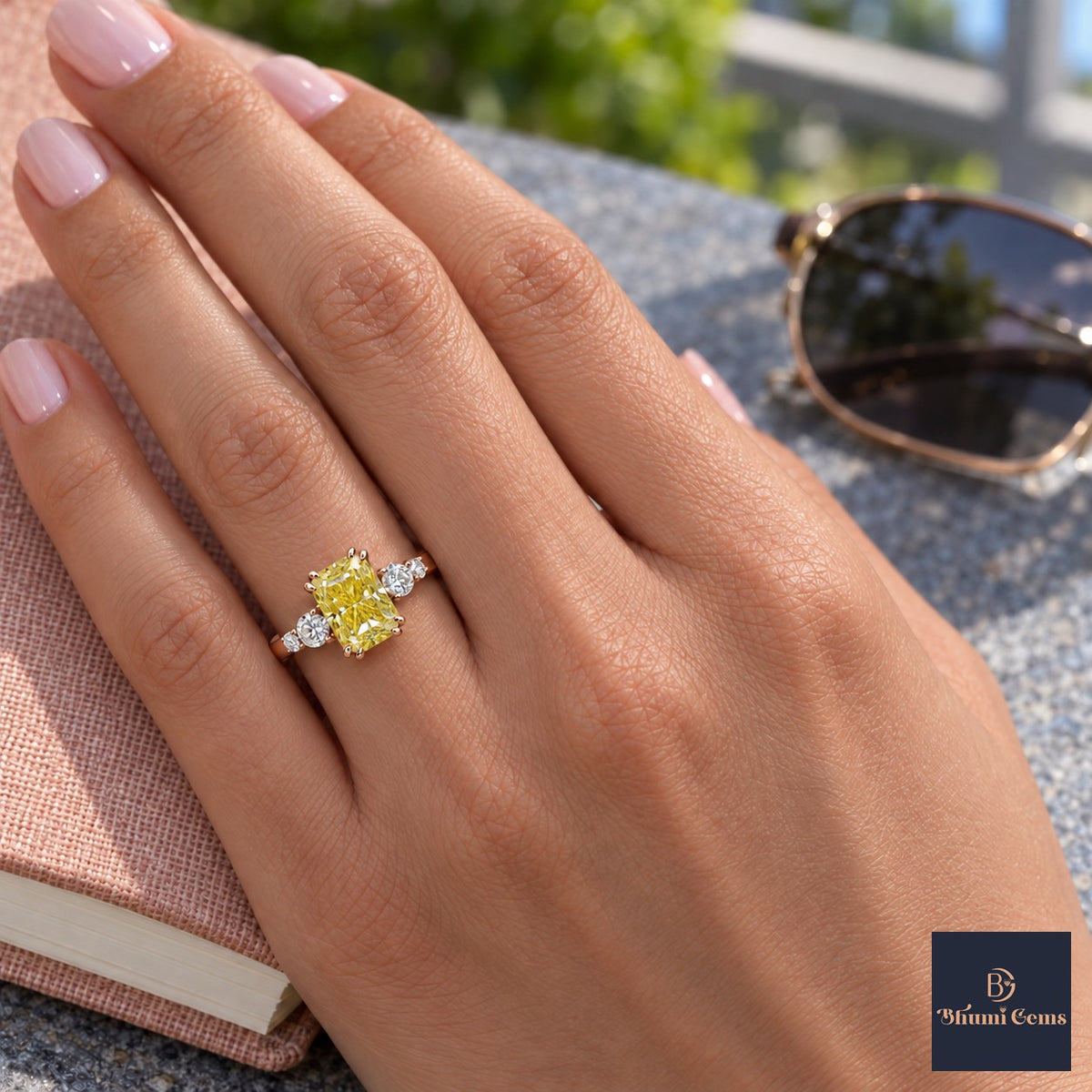 Yellow Radiant Cut Lab Grown Diamond Engagement Ring - Round Accents in rose gold, worn on the hand