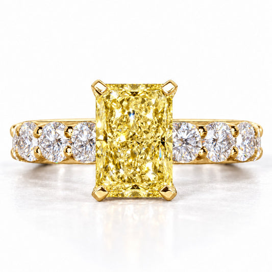 Yellow Radiant Cut Lab Grown Diamond Engagement Ring - Shared Prong Band in yellow gold, front view