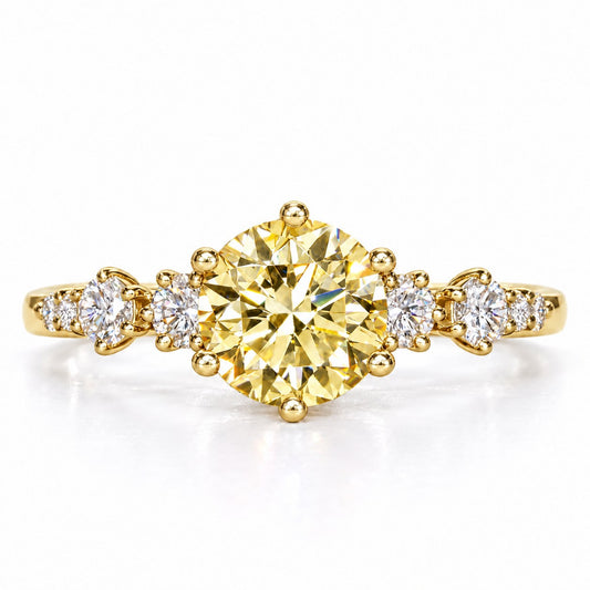 Yellow Round Cut Lab Grown Diamond Engagement Ring - Cluster Shoulders in yellow gold, front view