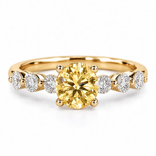 Yellow Round Cut Lab Grown Diamond Engagement Ring - Marquise and Round Station Band in yellow gold, front view