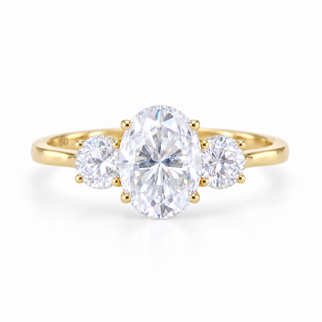 Oval moissanite three stone engagement ring with round side stones