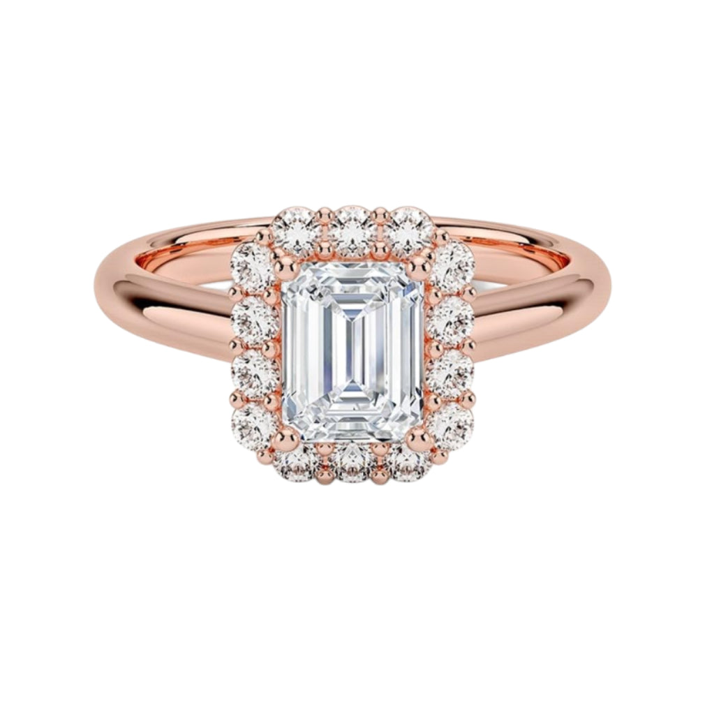 Emerald cut lab grown diamond halo engagement ring